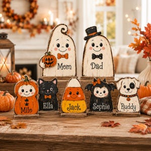 Personalized Halloween Wooden Block Set, Custom Family Names Ghost Shelf Decor, Pumpkin Black Cat Dog Candy Corn Fall Tiered Tray Decor