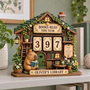 May include: A decorative wooden-style house figurine titled Oliver's Library, featuring a capybara reading a book, a ladder, shelves with miniature books, a green door, and a sign that reads Books Read This Year with the number 397.