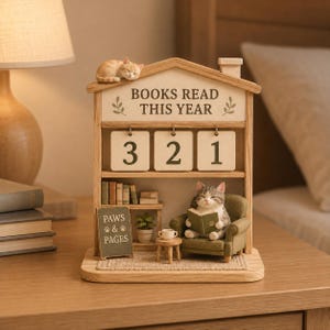 May include: A wooden house-shaped book tracker with the text BOOKS READ THIS YEAR and three flip cards showing 321. It features a sleeping cat on the roof, a shelf with miniature books, a sign reading PAWS & PAGES, and a cat reading in a chair.