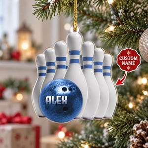 Personalized Bowling Acrylic Ornament, Custom Name Christmas Decoration with Blue Ball and Pins