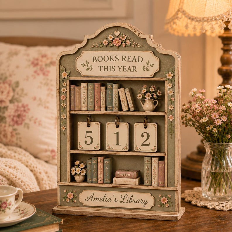 May include: A sage green wooden bookshelf display with the text BOOKS READ THIS YEAR and Amelia's Library. It features miniature book spines, floral accents, and three hanging metal rings displaying the number 512 on white rectangular cards.