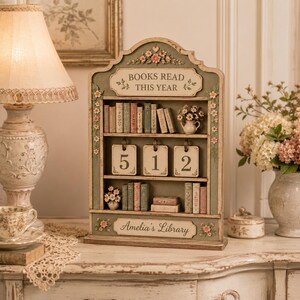 May include: A decorative wooden bookshelf tracker with a sage green finish, featuring the text "BOOKS READ THIS YEAR" and "Amelia's Library." It includes miniature book spines, floral accents, and three hanging metal rings displaying the number 512.