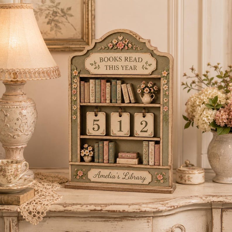 May include: A decorative wooden bookshelf tracker with a sage green finish, featuring the text "BOOKS READ THIS YEAR" and "Amelia's Library." It includes miniature book spines, floral accents, and three hanging metal rings displaying the number 512.