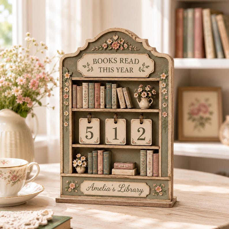 Personalized Wooden Book Tracker Sign, Books Read This Year Counter, Floral Library Shelf Decor, Custom Reading Gift for BookLovers image 2