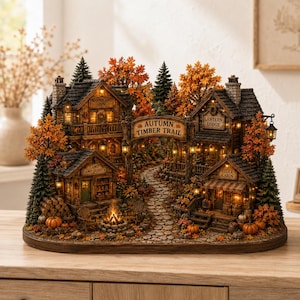 May include: A miniature autumn-themed village display featuring the Woodland Inn, Lantern Lodge, Camp Supply, and Cider Cabin. The scene includes a stone path, orange trees, pumpkins, a campfire, and a sign reading Autumn Timber Trail.