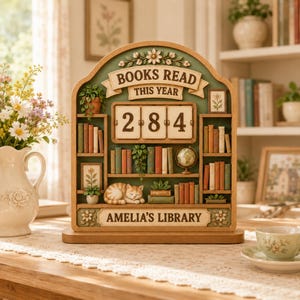 May include: A wooden tabletop book tracker featuring a green arched frame with the text BOOKS READ THIS YEAR and AMELIA'S LIBRARY. It includes a flip-style number counter displaying 284, miniature shelves with colorful books, a globe, and a sleeping cat.