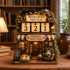 May include: A miniature book nook display titled Whisker Book Nook with a Books Read This Year counter showing 321. It features a black cat on top, an orange cat sleeping on a cushion, and a grey cat reading in a green chair, with warm fairy lights.