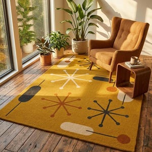 Mid Century Rug in Mustard Wool, Atomic Starburst Geometric Area Rug