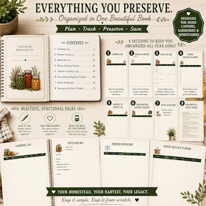 May include: A spiral-bound home preservation logbook featuring a contents page, eight distinct tracking sections including canning logs, freezer inventory, and pantry planners, with green text and botanical illustrations on cream-colored paper pages.