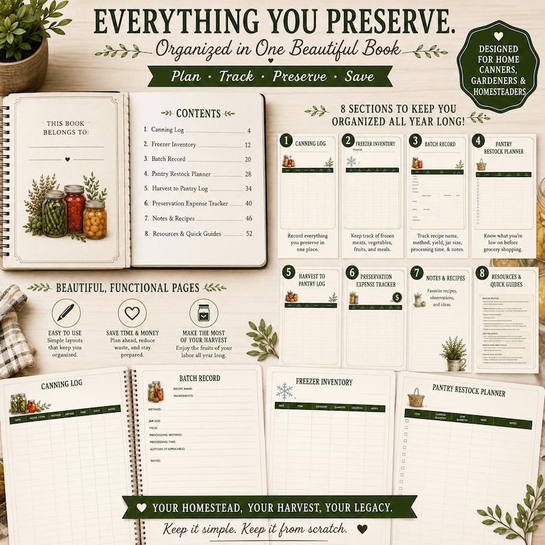 May include: A spiral-bound home preservation logbook featuring a contents page, eight distinct tracking sections including canning logs, freezer inventory, and pantry planners, with green text and botanical illustrations on cream-colored paper pages.