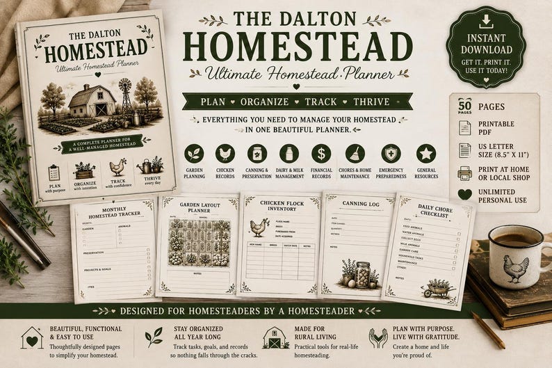 May include: The Dalton Homestead Ultimate Homestead Planner is a printable PDF set featuring a cover page, 50 pages of templates, and organizational tools. It includes sections for garden planning, chicken records, canning, and chore checklists.
