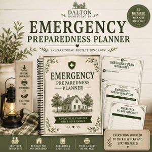 May include: An emergency preparedness planner with a spiral binding, featuring a house illustration and the text 'Emergency Preparedness Planner'. Includes worksheets for emergency plans, supply inventories, and go-bag checklists in US letter size.