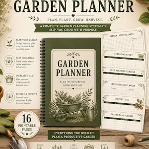 May include: A spiral-bound garden planner with a dark green cover featuring a wheelbarrow and watering can illustration. The set includes 16 printable pages with sections for garden layout, seed inventory, starting trackers, crop rotation, and harvest logs.