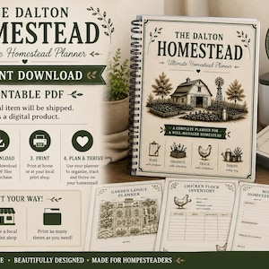 May include: A spiral-bound planner titled The Dalton Homestead Ultimate Homestead Planner with a cream cover featuring a barn illustration. Includes printed pages for garden layout, chicken flock inventory, and monthly tracking in dark green ink.