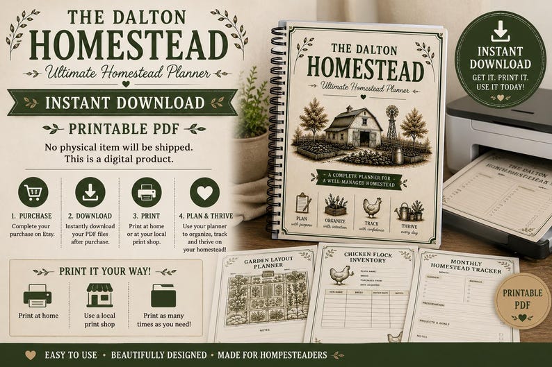 May include: A spiral-bound planner titled The Dalton Homestead Ultimate Homestead Planner with a cream cover featuring a barn illustration. Includes printed pages for garden layout, chicken flock inventory, and monthly tracking in dark green ink.