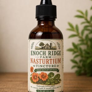 May include: A brown glass dropper bottle with a black cap containing Enoch Ridge Farm Nasturtium Tincture. The label features a farm illustration, orange nasturtium flowers, green leaves, and the text 2 FL OZ (59 mL) at the bottom.