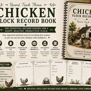 May include: A spiral-bound Chicken Flock Record Book with a cream cover featuring a dark green illustration of a coop and chickens. The book includes sections for flock inventory, egg collection, health records, hatching, and feed logs.