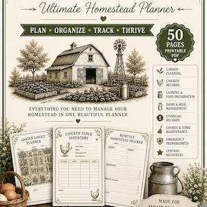 May include: A printable homestead planner titled The Dalton Homestead featuring a barn illustration, 50 pages, and sections for garden planning, chicken records, canning, dairy management, financial records, chores, and emergency preparedness.