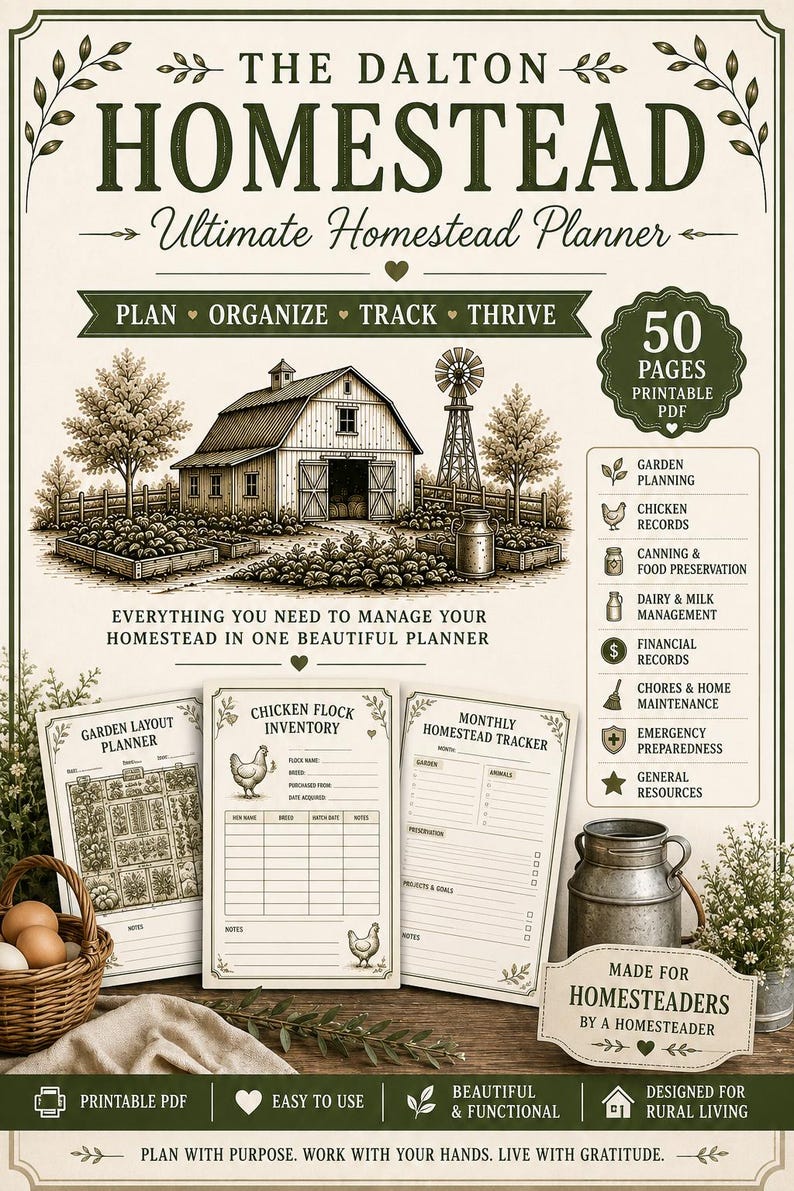 May include: A printable homestead planner titled The Dalton Homestead featuring a barn illustration, 50 pages, and sections for garden planning, chicken records, canning, dairy management, financial records, chores, and emergency preparedness.