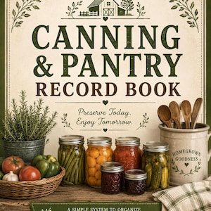 May include: A Canning & Pantry Record Book with a cream cover featuring a barn illustration, green text, and the phrase Preserve Today. Enjoy Tomorrow. Below is a basket of tomatoes, green peppers, a herb pot, glass jars of food, and a ceramic crock.