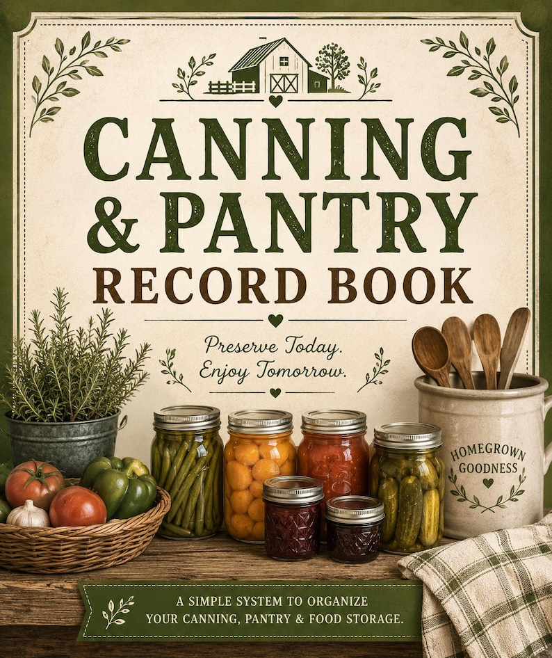 May include: A Canning & Pantry Record Book with a cream cover featuring a barn illustration, green text, and the phrase Preserve Today. Enjoy Tomorrow. Below is a basket of tomatoes, green peppers, a herb pot, glass jars of food, and a ceramic crock.