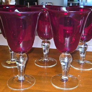 Set of 5 Vintage Artland Iris-Ruby Water Goblets, Red Bowl Clear Stem