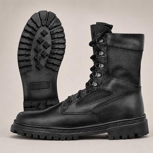 Könnte beinhalten: Ein Paar schwarze taktische Stiefel mit einem Obermaterial aus glattem Leder und Textil, einem hohen Schnürdesign mit Metallösen und einer dicken, profilierten Gummisohle. Die Außensohle zeigt die deutlich eingeprägten Größen 45 und 275.