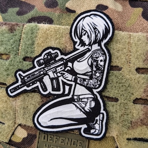 Anime Girl Tactical Morale Patch, Black White Combat Girl, Hook and Loop Backing
