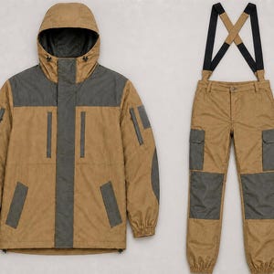 Può includere: Una giacca con cappuccio color marrone chiaro e grigio scuro con diverse tasche con cerniera e pantaloni cargo abbinati color marrone chiaro e grigio scuro con bretelle nere. La giacca ha una chiusura frontale a zip e i pantaloni hanno ginocchiere.