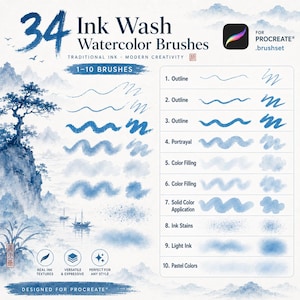 Könnte beinhalten: Eine digitale Produktanzeige für 34 Tusche-Aquarellpinsel für Procreate. Das Bild zeigt eine blaue Tusche-Landschaftsillustration und eine nummerierte Liste von 1 bis 10, die verschiedene Pinselstrich-Texturen zeigt, darunter Umriss, Darstellung, Farbfüllung, Vollfarbanwendung, Tuscheflecken, helle Tusche und Pastellfarben.