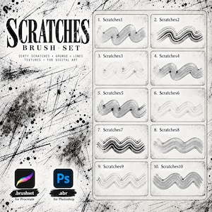 May include: A digital brush set titled SCRATCHES BRUSH SET featuring ten distinct black and white wavy scratch textures labelled 1 through 10. The graphic includes icons for Procreate and Photoshop, with text detailing dirty scratches, grunge, and lines.