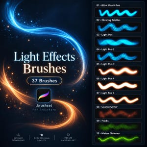 37 ljuseffektpenslar för Procreate – Glöd, Neon, Eld, Gnistra och Ljusspår