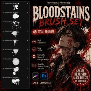 Pode incluir: Um conjunto de pincéis digitais para Procreate e Photoshop intitulado Bloodstains Brush Set, com 45 pincéis no total. A imagem exibe nove amostras de pincéis de respingos brancos em uma barra lateral preta e uma ilustração.