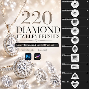 May include: A digital collection of 220 diamond jewellery brushes for Photoshop and Procreate, featuring a necklace and ring with sparkling gemstones. The text reads 220 DIAMOND JEWELRY BRUSHES, Luxury Gemstone & Crystal Brush Set, Formats: .abr .brushset.