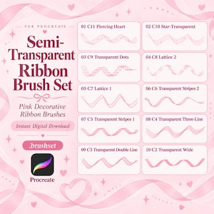Puede incluir: Un conjunto de pinceles digitales para Procreate titulado Semi-Transparent Ribbon Brush Set, que presenta diez trazos de cinta rosa con varios patrones que incluyen corazones, estrellas, puntos, celosía, rayas y líneas, sobre un fondo rosa claro.