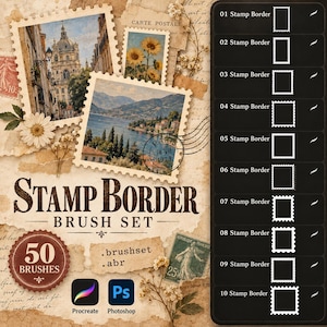 Könnte beinhalten: Ein digitales Stempelrand-Pinselset für Procreate und Photoshop mit 50 Pinseln. Die Anzeige zeigt verschiedene rechteckige Stempelrahmen-Umrisse, Vintage-Papiertexturen, florale Akzente und Landschaftsbilder mit dem Text Stamp Border Brush Set.