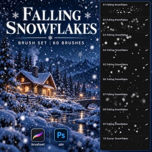 Może przedstawiać: Cyfrowy zestaw pędzli zatytułowany Falling Snowflakes zawierający 60 pędzli do programów Procreate i Photoshop. Obraz przedstawia zaśnieżony zimowy krajobraz z domkiem oraz listę dziesięciu podglądów pędzli na ciemnym tle.