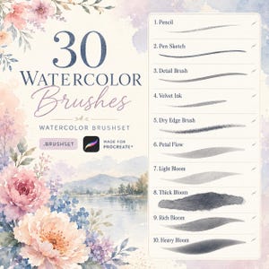Pode incluir: Uma coleção digital de 30 pincéis de aquarela para Procreate, apresentando uma lista de dez exemplos de traços de pincel, incluindo Pencil, Pen Sketch, Detail Brush, Velvet Ink, Dry Edge Brush, Petal Flow, Light Bloom, Thick Bloom, Rich Bloom e Heavy Bloom.