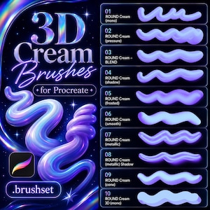 Puede incluir: Un conjunto de pinceles digitales para Procreate titulado 3D Cream Brushes, que presenta diez muestras de trazos ondulados en tonos morados y azules. La imagen muestra una lista de estilos de pincel numerados del 01 al 10, cada uno con textura.