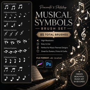 Może przedstawiać: Cyfrowy zestaw pędzli do programów Procreate i Photoshop o nazwie Musical Symbols Brush Set, zawierający łącznie 85 pędzli. Obraz przedstawia listę dziewięciu kategorii symboli muzycznych, pianino oraz złote nuty na czarnym tle.