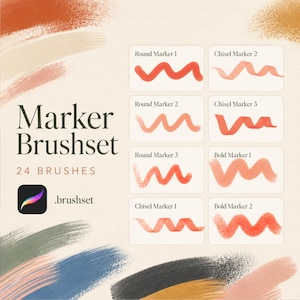 May include: A digital marker brushset for Procreate featuring 24 brushes. The display shows text reading Marker Brushset 24 BRUSHES and .brushset, alongside eight sample swatches labeled Round Marker 1-3, Chisel Marker 1-3, and Bold Marker 1-2.