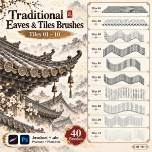 Könnte beinhalten: Ein digitales Pinselset mit dem Titel Traditional Eaves & Tiles Brushes, das zehn verschiedene Kachelmuster von Tiles 01 bis 10 enthält. Das Bild zeigt eine detaillierte Illustration eines geschwungenen Daches mit Glocken und Blüten.