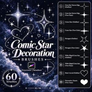 Puede incluir: Un conjunto de pinceles digitales titulado Comic Star Decoration Brushes que incluye 60 pinceles para Procreate. La imagen muestra varias formas de estrellas y corazones, incluyendo diseños de Cross Star, Hexagon y Heart Accent en estilos de contorno y bicolor.