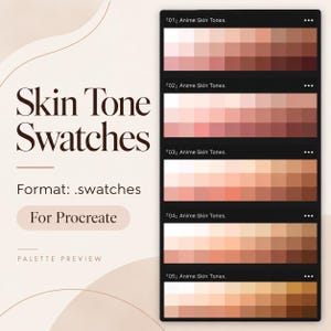Puede incluir: Una paleta de colores digital con cinco filas de muestras cuadradas etiquetadas como Anime Skin Tones, que van desde tonos claros a oscuros. El texto dice Skin Tone Swatches, Format: .swatches, For Procreate y Palette Preview.