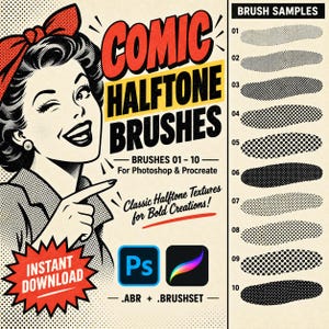 Può includere: Un grafico digitale con un'illustrazione in stile retrò di una persona che fa l'occhiolino con un fiocco rosso tra i capelli, indicando il testo COMIC HALFTONE BRUSHES. Include dieci campioni di pennelli mezzetinte neri, icone Photoshop e Procreate.