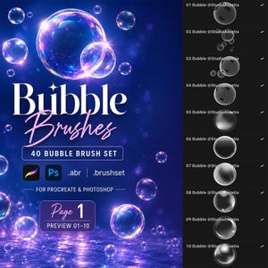 May include: A digital asset set titled Bubble Brushes 40 Bubble Brush Set for Procreate and Photoshop. The image displays iridescent, glowing bubbles on a dark blue background, with a sidebar listing ten individual bubble brush previews.