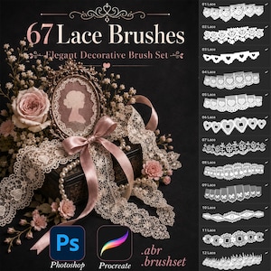Pode incluir: Um conjunto de pincéis digitais intitulado 67 Lace Brushes apresentando doze padrões de renda branca em um fundo escuro. A imagem exibe uma moldura oval de estilo vintage com uma silhueta, rosas cor-de-rosa, pérolas e uma fita de cetim, ao lado de ícones do Photoshop e Procreate.
