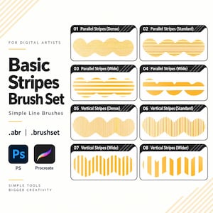 May include: A digital brush set titled Basic Stripes Brush Set for digital artists, featuring eight yellow stripe patterns labeled 01 through 08, including parallel and vertical variations in dense, standard, and wide styles, compatible with Photoshop and Procreate.