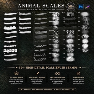 May include: A digital collection of 50+ animal scale brush stamps for Photoshop and Procreate. The image displays various white scale patterns on a dark background, labeled with numbers and categories like lizard, snake, pangolin, and fish scales.