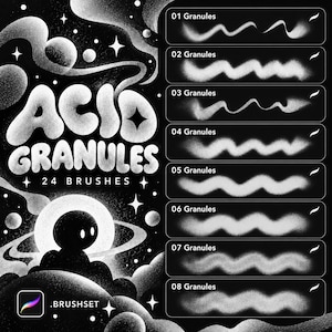 May include: A digital brush set titled Acid Granules 24 Brushes featuring a black background with white stippled illustrations of planets and stars. The right side displays eight numbered stroke samples labeled 01 Granules through 08 Granules.